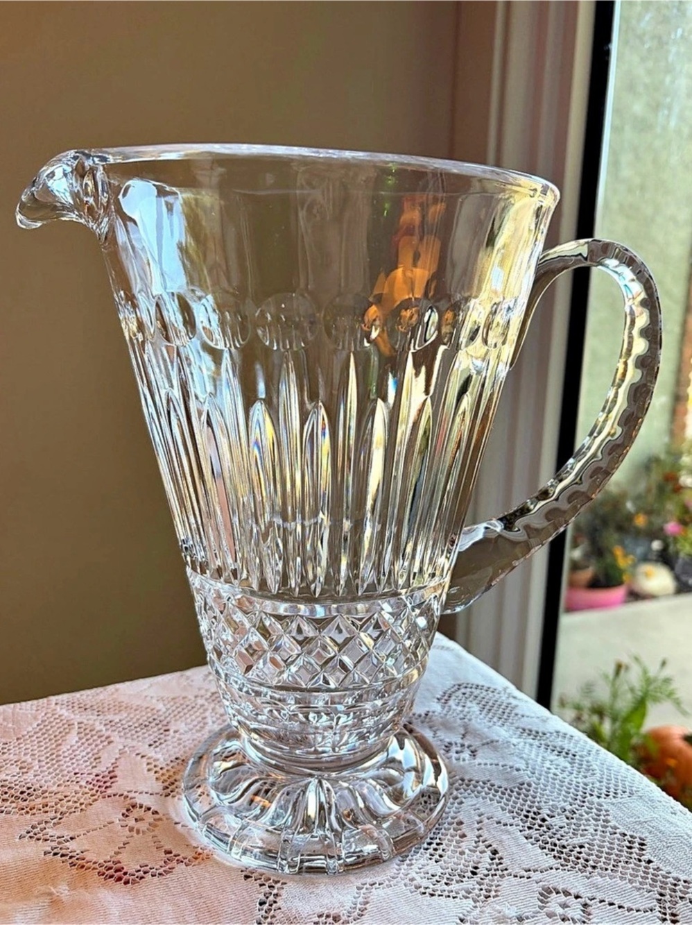 ✨Vintage Bombay Company Heavy Clear Cut Glass Pedestal Pitcher 9.5” Height🌼90s